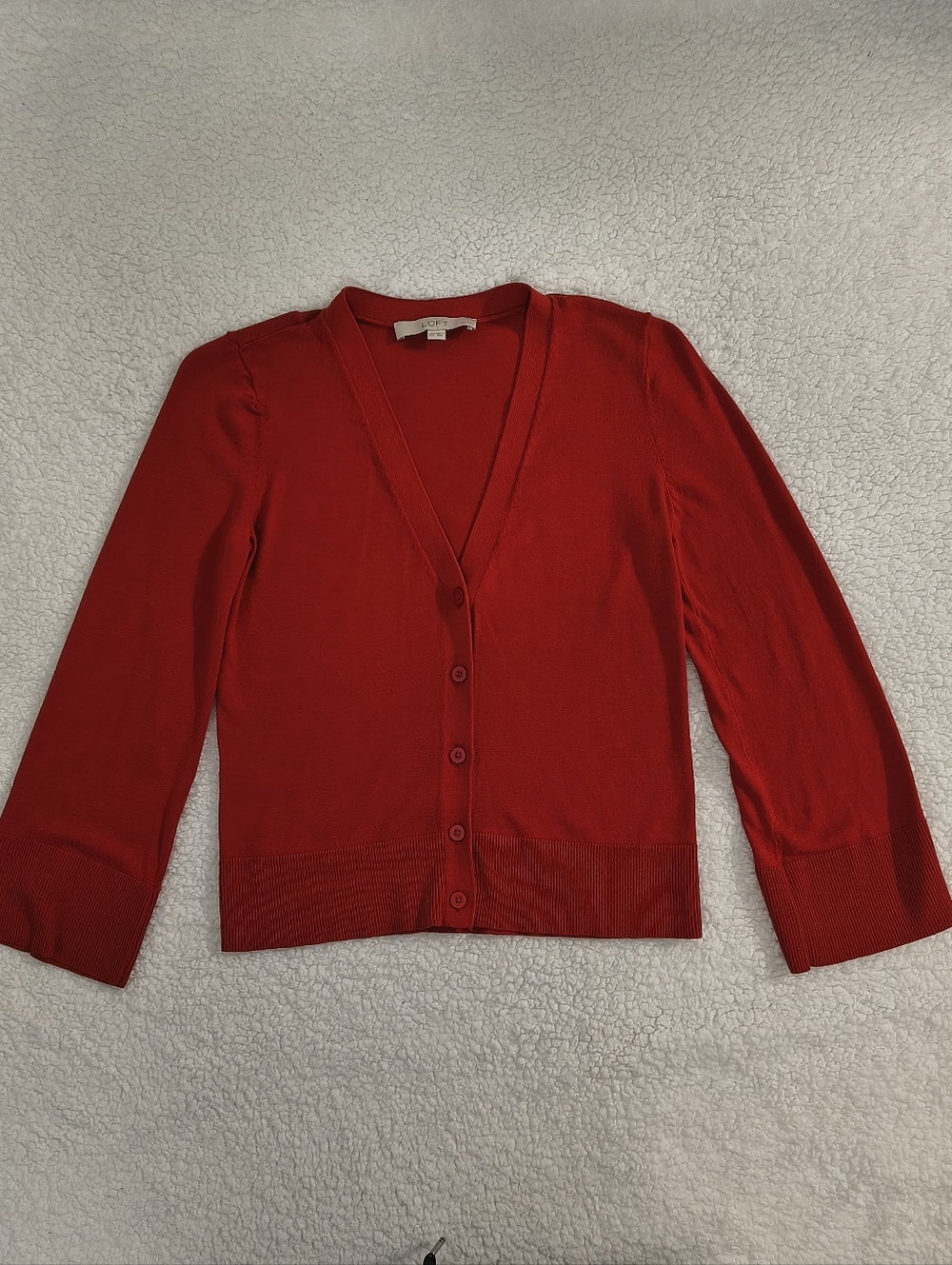LOFT Petite Red Cardigan XS Lightweight Button Front V-Neck. Women Sweater